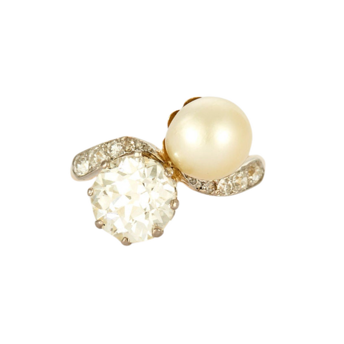 Toi et Moi-Ring aus Gelb- und Graugold, Perlen und Diamanten