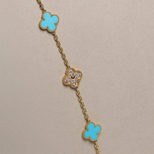 Collier Van Cleef & Arpels Alhambra - Sautoir 20 motifs en or jaune, turquoise et diamants 58 Facettes 2.19203