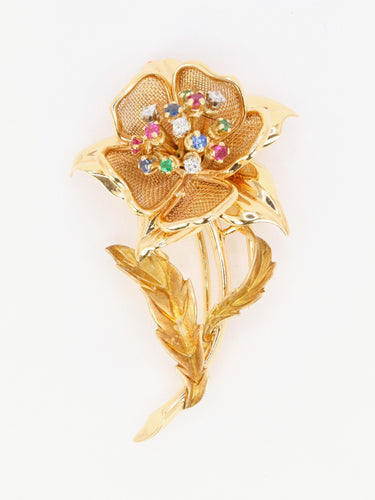 Broche Broche fleur vintage en or jaune 18 carats, diamants et pierres précieuses 58 Facettes 1126.6