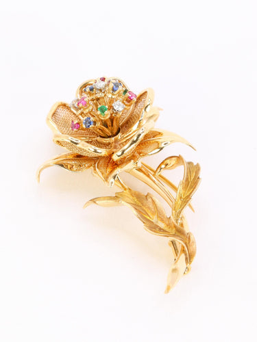 Broche Broche fleur vintage en or jaune 18 carats, diamants et pierres précieuses 58 Facettes 1126.6