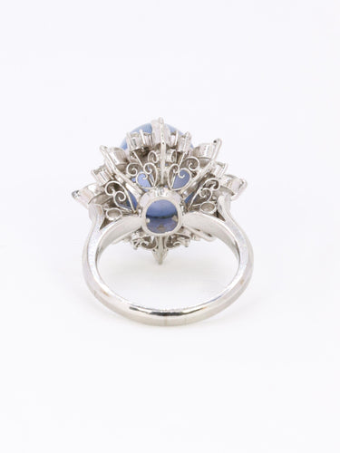 Bague 51.5 Bague marguerite en platine, saphir étoilé de Ceylan 12,34 ct et diamants 58 Facettes 1131.1