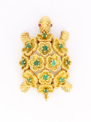 Broche Broche tortue en or jaune 18 carats, émeraudes et rubis 58 Facettes 1170.2
