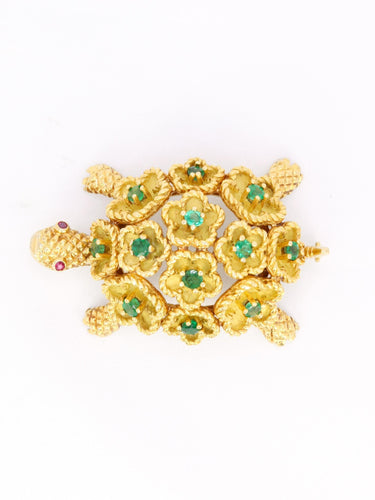 Broche Broche tortue en or jaune 18 carats, émeraudes et rubis 58 Facettes 1170.2