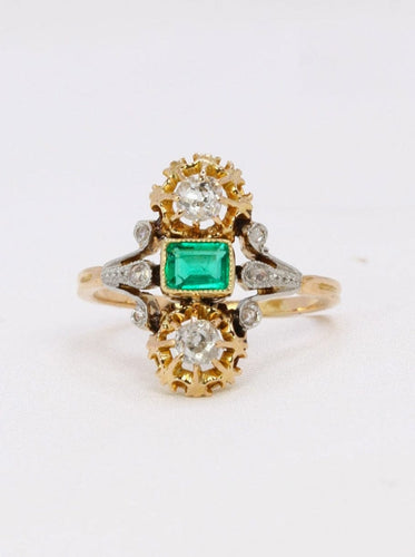 Bague 54 Bague Art Nouveau en or jaune 18k, émeraude et diamants 58 Facettes 1042.2