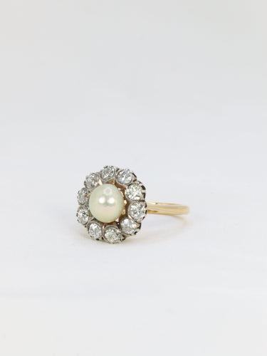 Bague 55.5 Bague marguerite en or jaune et argent avec diamants et perle fine 58 Facettes 685
