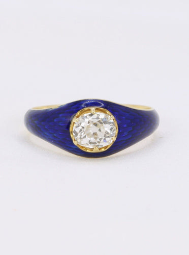 Bague 54 Bague solitaire en or jaune 18 k à diamant taille ancienne et émail bleu 58 Facettes 838