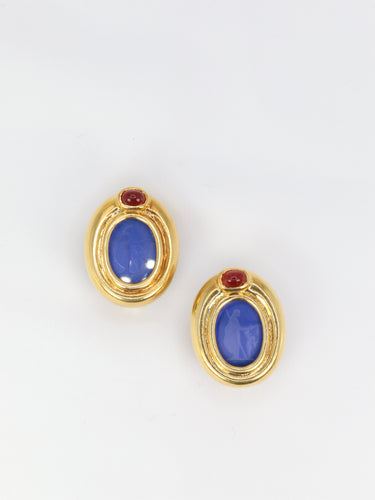 Boucles d'oreilles Clips d’oreilles vintage en or 18K, intaille en verre bleu et cornaline 58 Facettes 523