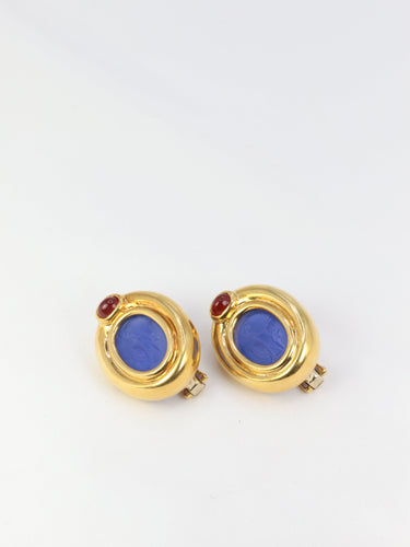 Boucles d'oreilles Clips d’oreilles vintage en or 18K, intaille en verre bleu et cornaline 58 Facettes 523