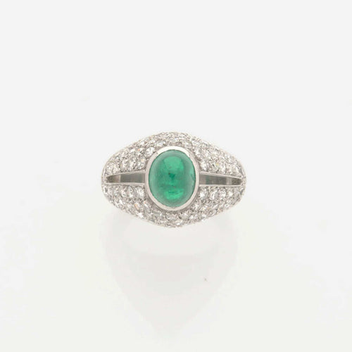 Bague 52 Art déco - Bague en platine avec émeraude cabochon et diamants 58 Facettes 22774