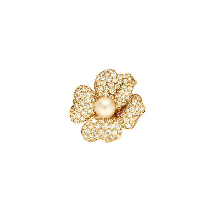 CARTIER - Broche Païva en oro amarillo, diamantes y perlas cultivadas