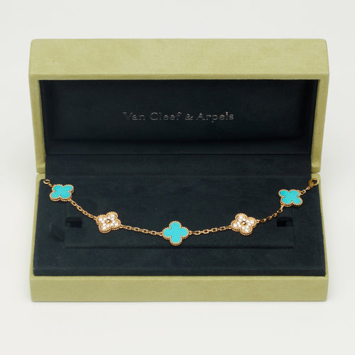 Bracelet Van Cleef & Arpels Vintage Alhambra - Bracelet 5 motifs en or jaune, turquoise et diamants 58 Facettes