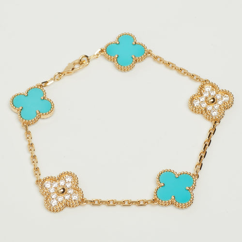 Bracelet Van Cleef & Arpels Vintage Alhambra - Bracelet 5 motifs en or jaune, turquoise et diamants 58 Facettes