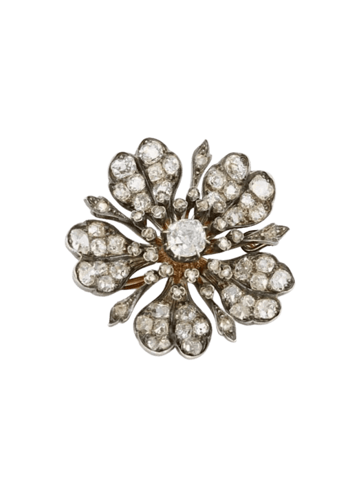 Broche Broche ancienne fleur or argent diamants taille ancienne 58 Facettes 341