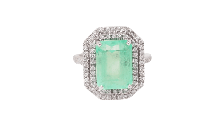 Bague 52 Bague double entourage en or blanc, émeraude de Colombie certifiée et diamants 58 Facettes 32636