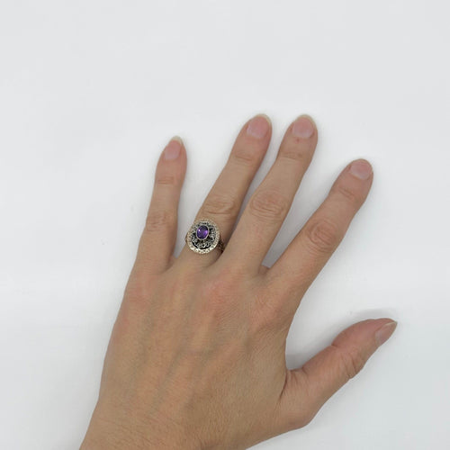 Pierścionek Pierścionek z różowego złota 750 oraz Srebro z ametystem i diamentami 58 Facettes Z1351655