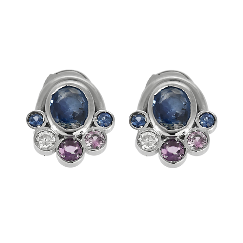 Paire de boucles d'oreilles en or gris saphirs, diamants, améthystes