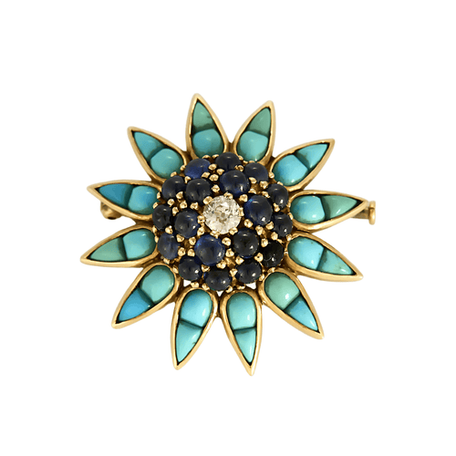Broche Broche "Etoile" en or jaune, diamants, saphirs et turquoises 58 Facettes DDV19007-1