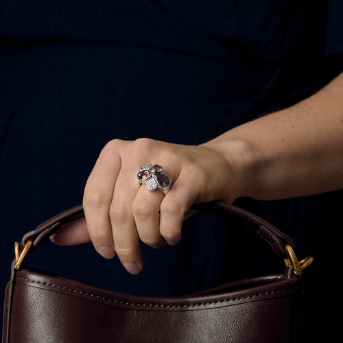 Bague 53 Bague moderniste en or gris, diamants, tourmaline rose et améthystes 58 Facettes DV20595-3