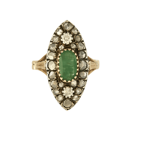 Anel marquesa em ouro amarelo, Prata, diamantes e esmeralda