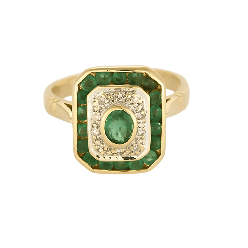 Prsten ze žlutého zlata, smaragd a diamanty