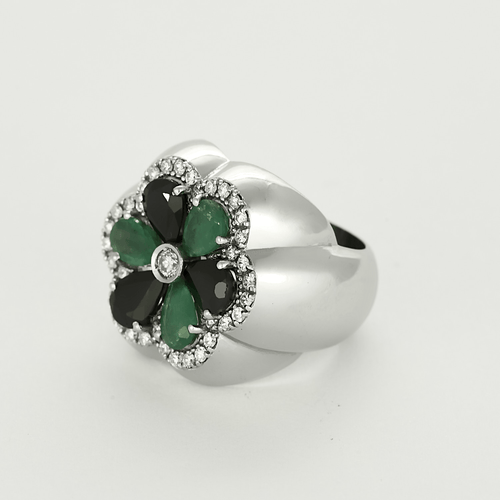 Bague 56 Importante Bague floral or gris, saphirs, émeraudes et diamants 58 Facettes DV22972-5-56-3