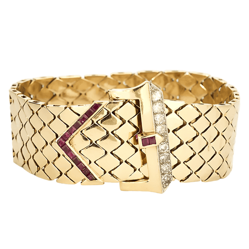 Zarif sarı altın şerit bileklik, pırlantalar ve yakutlar