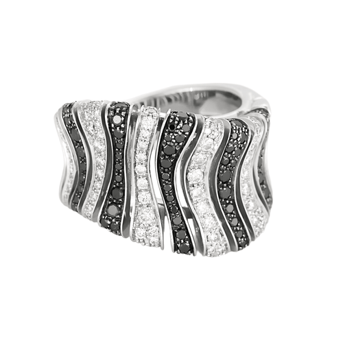 Modernist ring in white gold with black and white diamonds