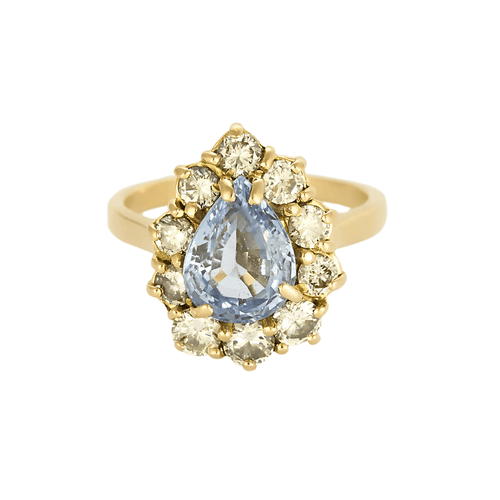 Prsten Sedmikráska ze žlutého zlata, se safírem a diamanty