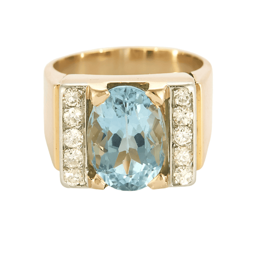 Prsten Tank z růžového a šedého zlata, diamanty a akvamarín