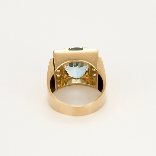 Prsten Tank z růžového a šedého zlata, diamanty a akvamarín