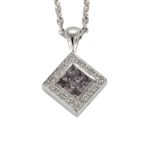 Řetízek a přívěsek z bílého zlata, růžové safíry a diamanty