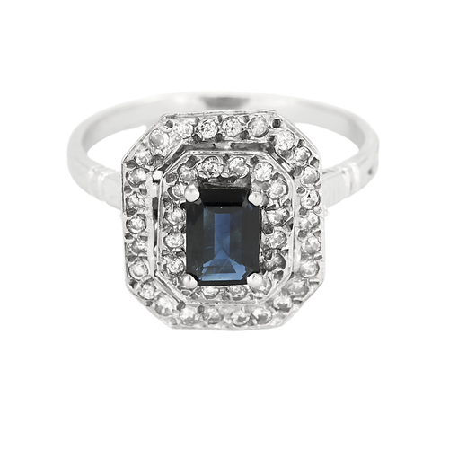 Witgouden ring, saffier en diamanten