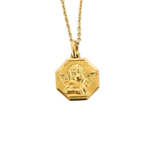 Corrente em ouro amarelo segurando uma medalha de batismo