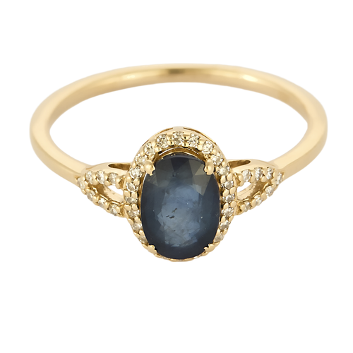 Ring Solitaire in yellow gold, sapphire and diamonds