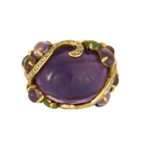 Importante bague en or jaune, diamants, améthystes, tourmalines et péridots