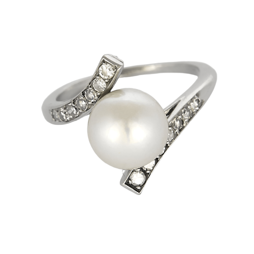 Anello in oro grigio, perla di coltura bianca e diamanti