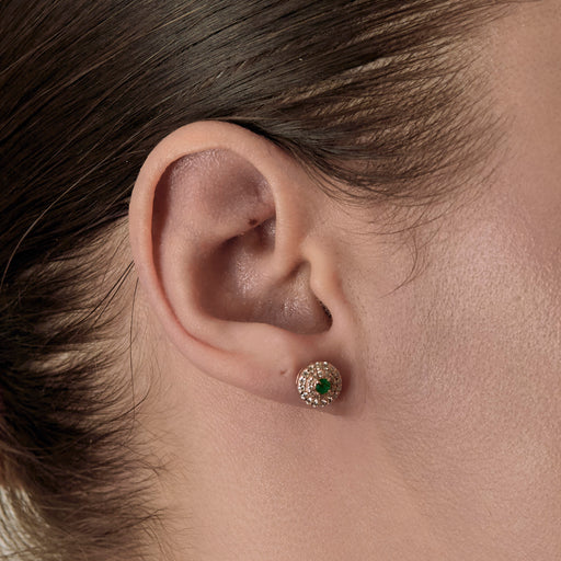 Paire de boutons d'oreilles or rose 14K émeraudes et diamants