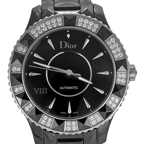 DIOR - Montre en acier, céramique noire à boitier rond et diamants à mouvement automatique