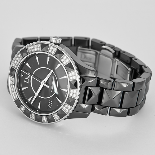 DIOR - Montre en acier, céramique noire à boitier rond et diamants à mouvement automatique