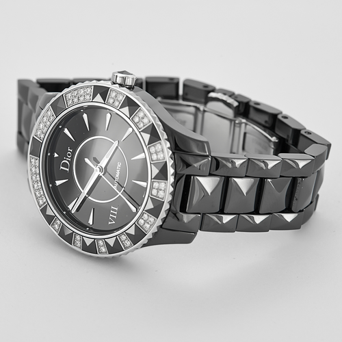 DIOR - Montre en acier, céramique noire à boitier rond et diamants à mouvement automatique