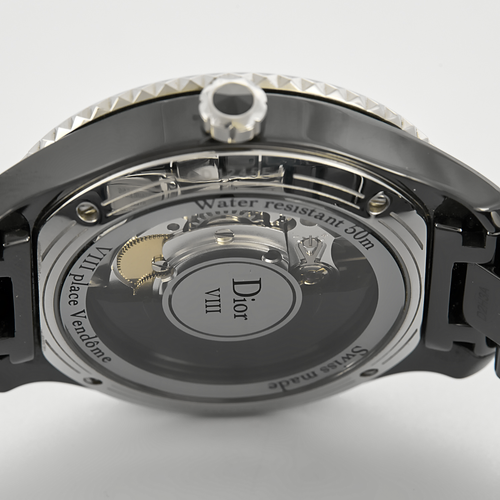 DIOR - Montre en acier, céramique noire à boitier rond et diamants à mouvement automatique