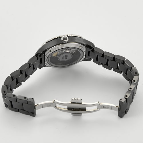 DIOR - Montre en acier, céramique noire à boitier rond et diamants à mouvement automatique