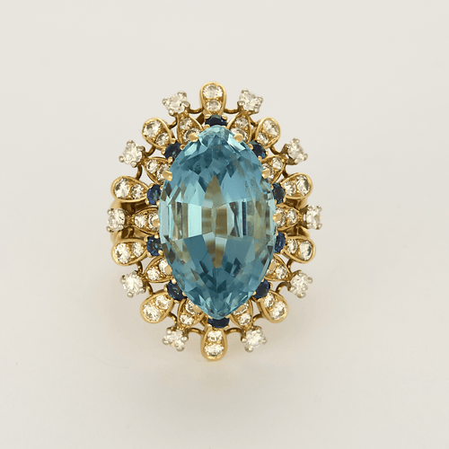 Cocktailring aus Gelbgold, Aquamarin, Saphiren und Diamanten