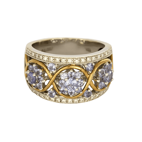 Charming ring in yellow gold and gray gold, tanzanites and diamonds