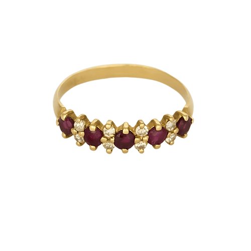 Half Wedding band in yellow gold, ruby and diamonds