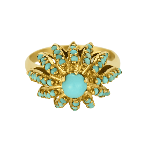 Anel em ouro amarelo com motivo de flores e turquesas