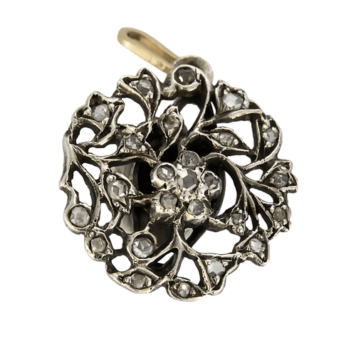 Hanger in grijs goud met bloemmotief en roosgeslepen diamanten