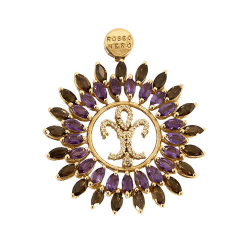 Anhänger aus Gelbgold, Amethyst und Rauchquarz