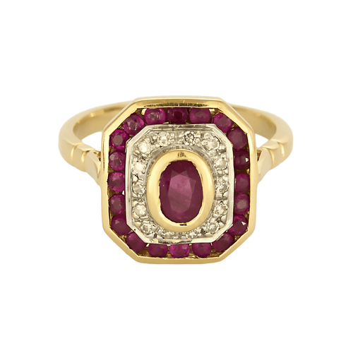 Yellow gold ring, ruby and diamonds