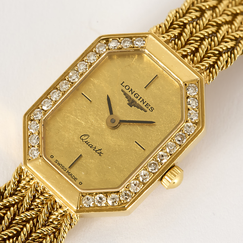 Longines - Yellow gold and diamond watch with octagonal case and quartz movement
